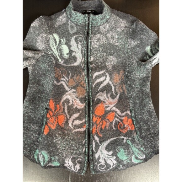 Ivko Wool Cardigan Jacket Grey Floral XXL Zip Front Long Sleeve Embroidered - Picture 10 of 16